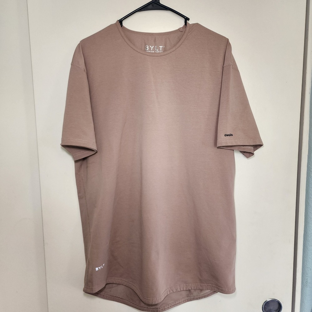 BYLT Premium Basics Mens XL Drop Cut Lux T-Shirt Sand Owala Logo Curved Hem Tee
